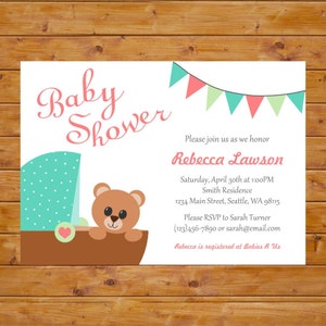 Gender Neutral Teddy Bear Invitation with Carriage - Teddy Bear Baby Shower Invitation - Printable, Custom, Digital File