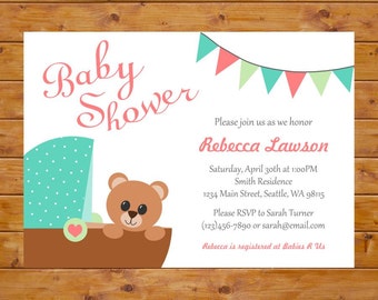 Gender Neutral Teddy Bear Invitation with Carriage - Teddy Bear Baby Shower Invitation - Printable, Custom, Digital File