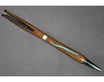 Custom Wooden Pen: Figured Mesquite Barrels, Chome Fittings, Turquoise Inlays