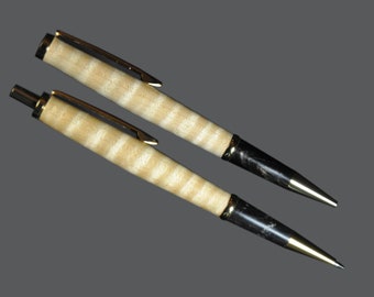 Pen and Pencil Set: Buffalo Horn and Curly Maple Barrels with Gold Fittings