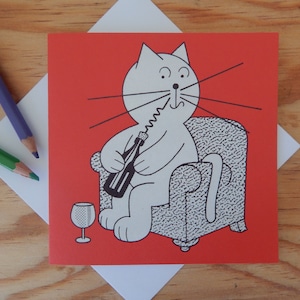 Carte de fête des pères / cat carte / cartoon / drôle / anniversaire / retraite / de n'importe quelle occasion / rouge vin / chat amateur / amateur de vin