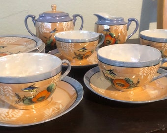 Vintage Lusterware Hand Painted 14pc TEA SET Japan Peach Blue Bird Flowers