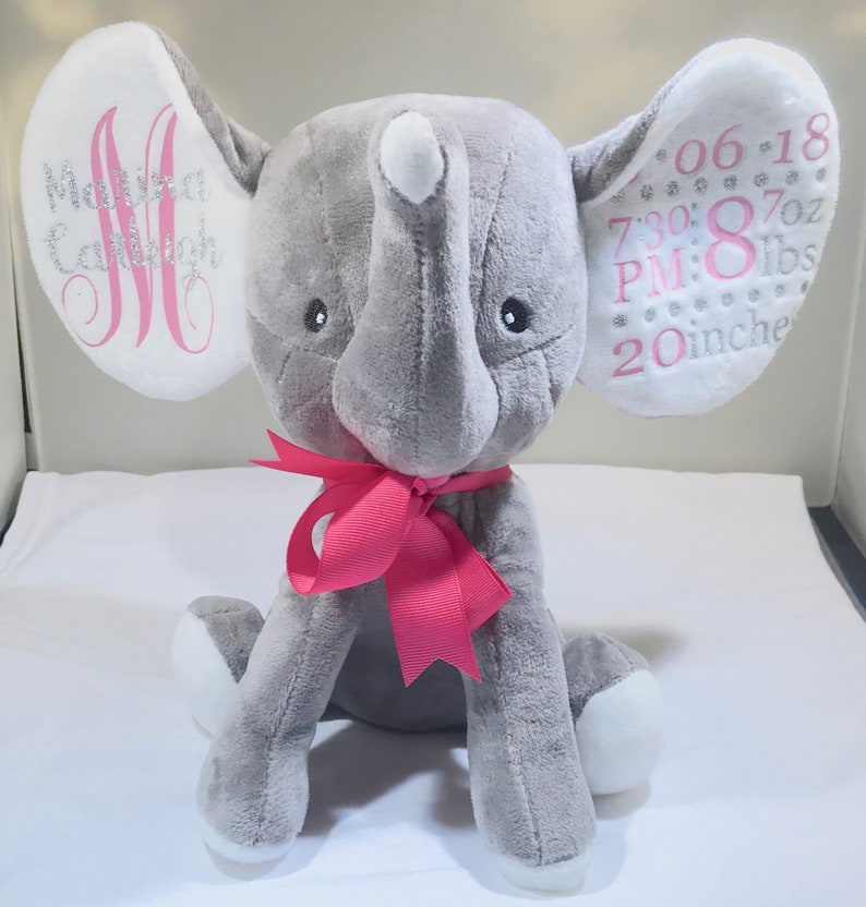 Birth Announcement Stuffed Elephant Large Eared Stuffed Animal Monogram Baby Boy Baby Girl Infant Birth Gift