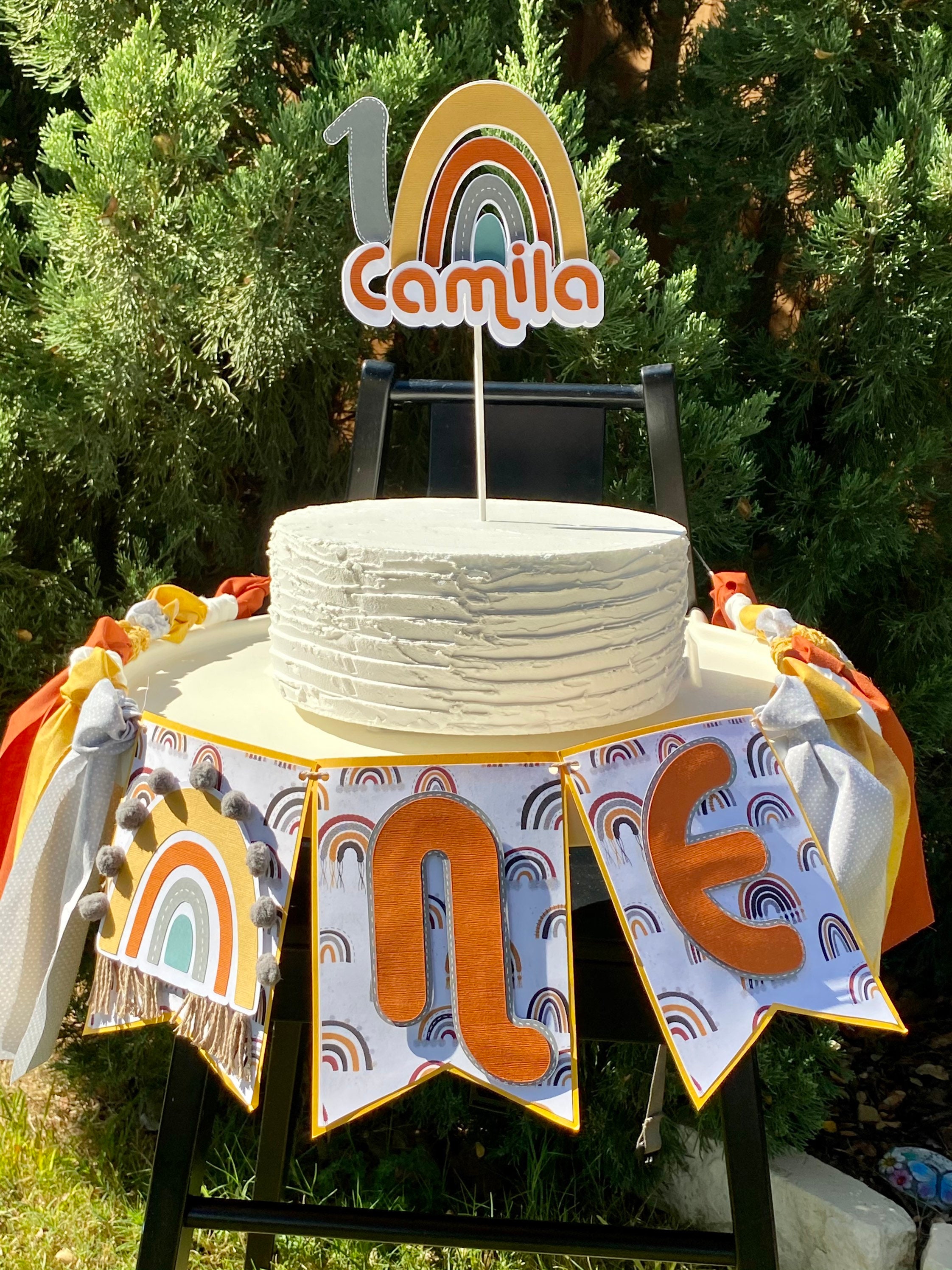 Boho rainbow, retro rainbow High chair bunting, Boho rainbow cake