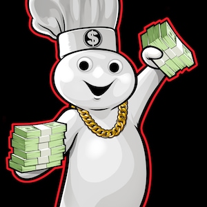 May include: A white cartoon character wearing a chef's hat with a dollar sign on it and a gold chain around its neck. The character is holding stacks of money in both hands.