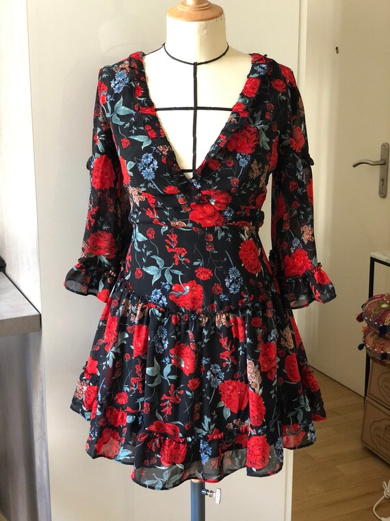 red floral flowy dress