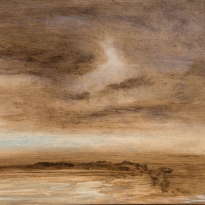 May include: Abstract painting of a landscape with a brown sky and a light blue horizon. The sky is painted with soft, brushstrokes and the horizon is a thin line of blue.