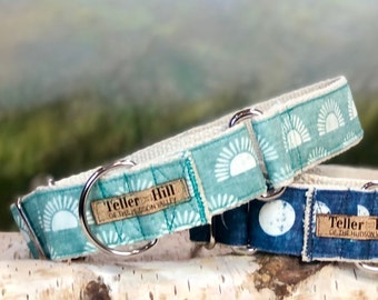 Summer Sunshine on Teal blue Dog Collar, Flat Dog Collar, Hemp dog collar