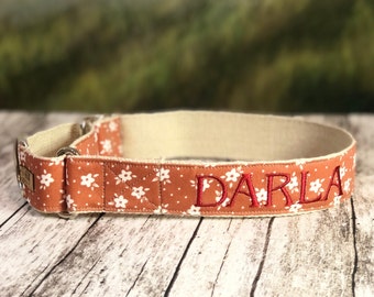 Eco Friendly Hemp Boho Desert Floral Martingale Dog Collar in Terra Cotta with vintage floral vibe