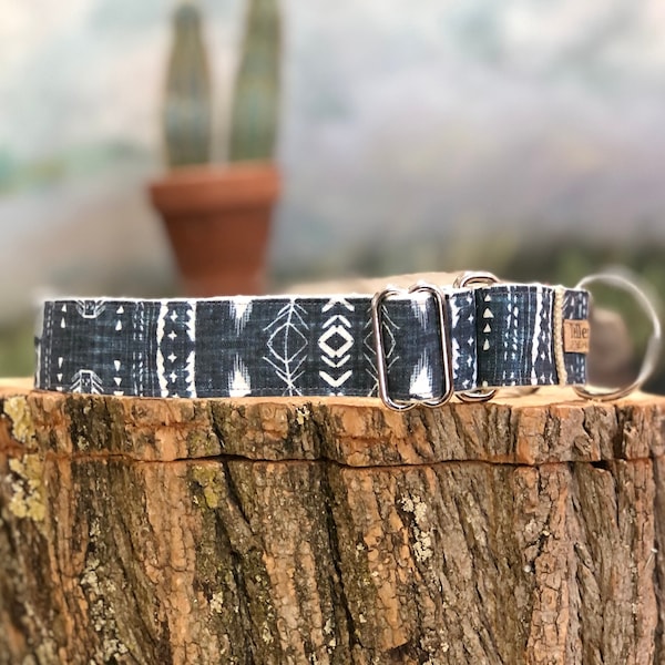 Eco Friendly Hemp Martingale Dog Collar in Stargazer Blue Geometric Print, Boho Vibe Collar