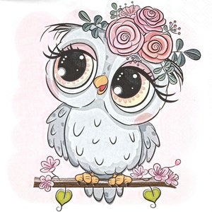 R769# 3 Pieces Of Single Paper Napkins for Decoupage, Craft Tissue, Funny Cute Painted Bird Owl With Big Eyes And Pink Roses Flowers On Head