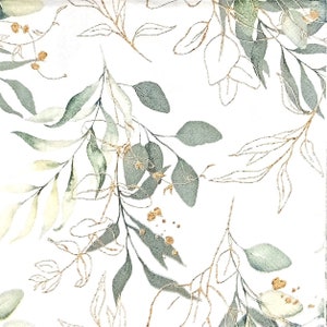 R700# 3 serviettes en papier pour découpage, papier de soie artisanal, motif feuilles d'eucalyptus vert pastel et or sur fond blanc