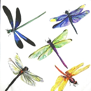 M734 # 3 Stück einzelne Papierservietten für Decoupage, Bastelgewebe, Blau Lila Grün Gelb Libelle Weißer Hintergrund