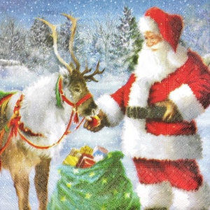M866# 3 Pieces Of Single Paper Napkins for Decoupage, Craft Tissue, Christmas Santa Claus With Raindeer Deer