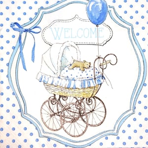 M200# 3 pezzi di tovaglioli di carta singoli per decoupage, fazzoletti artigianali, passeggino bianco blu con palloncino