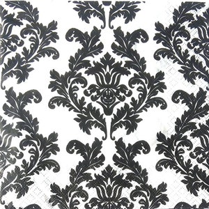 M081# 3 stuks enkele papieren servetten voor decoupage, knutselpapier, zwart witte bloemen damast arabescue barok patroon