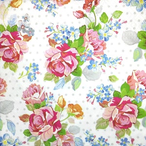 M261 # 3 serviettes en papier pour découpage, papier tissu artisanal, roses rouges roses, motif fleurs myosotis bleus sur fond blanc