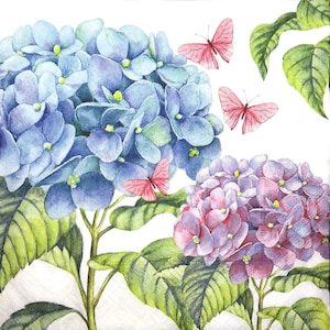 M330# 3 pezzi di tovaglioli di carta singoli per decoupage, fazzoletti artigianali, fiori di ortensia blu e viola con farfalle rosa e blu