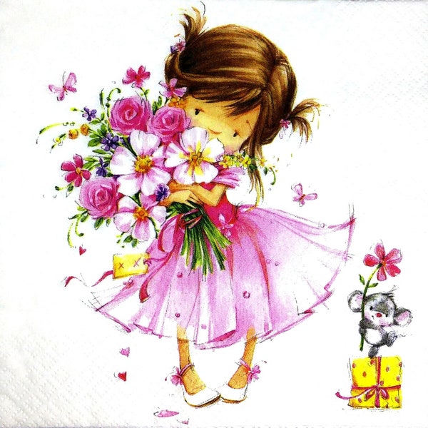 M166# 3 Pieces Of Single Paper Napkins for Decoupage, Craft Tissue, Girl With Pink Dress And Bunch Of Flowers, Nice Mouse With Flower