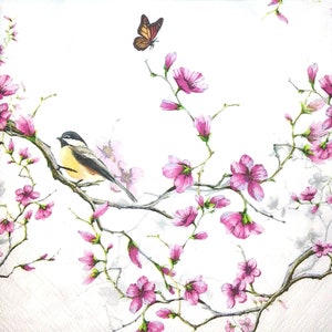 M230 # 3 Stück einzelne Papierservietten für Decoupage, Basteltücher, Meise auf Magnolienzweig Schmetterling