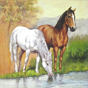 M274 # 3 serviettes en papier pour découpage, papier de soie artisanal, paire de chevaux bruns et blancs près de l'eau potable d'une rivière