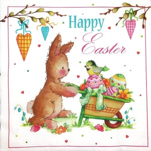 M428 # 3 serviettes en papier pour découpage, papier de soie artisanal, lièvre brun, lapin, oiseau, oeufs de pâques, brouette, inscription, blanc
