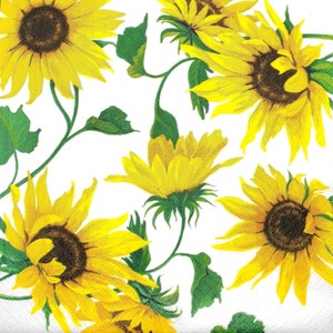 N073# 3 Pieces Of Single Paper Napkins for Decoupage, Craft Tissue, Yellow Sunflower Flowers Pattern On White Background