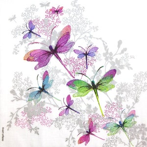 M425# 3 Pieces Of Single Paper Napkins for Decoupage, Craft Tissue, Pink Purple Dragonfly Flock & Grey Flowers On White Background