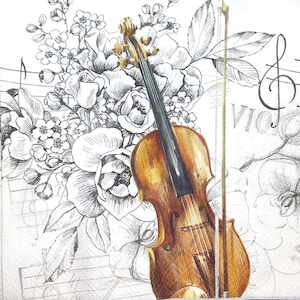 M598 #3 serviettes en papier simples pour découpage, papier peint artisanal, instrument de musique noir blanc notes de violon fleurs