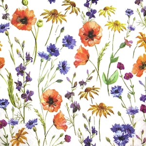 M534 # 3 serviettes en papier pour découpage, papier peint artisanal, motif fleurs peintes pavot rouge et bleuets bleus