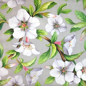 M189# 3 piezas de servilletas de papel individuales para decoupage, papel de seda artesanal, patrón romántico de flores de cerezo blanco sobre fondo gris