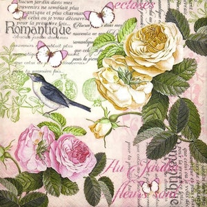 M311# 3 piezas de servilletas de papel individuales para decoupage, pañuelos de papel para manualidades, collage de escritura de flores con pájaros, mariposas y rosas de jardín