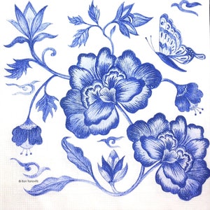 M457# 3 pezzi di tovaglioli di carta singoli per decoupage, fazzoletti artigianali, fiori di peonia mistica dipinti di blu su sfondo bianco