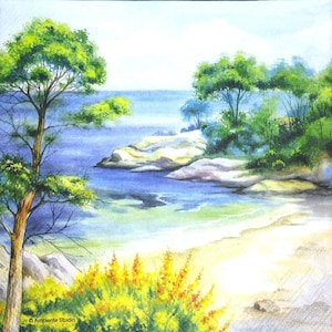 M195# 3 pezzi di tovaglioli di carta singoli per decoupage, fazzoletti artigianali, riva del mare con pini