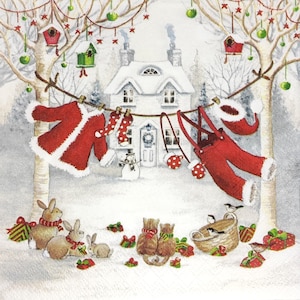 M840# 3 Pieces Of Single Paper Napkins for Decoupage, Craft Tissue, Christmas Santa Claus Hanging Clothes On Rope Next To House