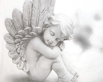 M884 # 3 Stück Papierservietten einzeln für Decoupage, Basteltücher, schlafender Engel Statue auf weißem Hintergrund
