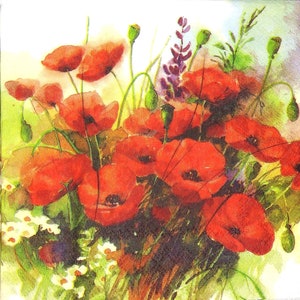 M220# 3 Pieces Of Single Paper Napkins for Decoupage, Craft Tissue, Red Poppies Flowers Field