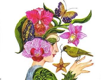 M497# 3 Pieces Of Single Paper Napkins for Decoupage, Craft Tissue, Lady Woman Flora Floral Girl Fairy Flowers Butterflies Bird