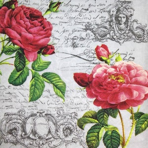 M366# 3 stuks enkele papieren servetten voor decoupage, knutselpapier, rozeroodroze bloemen op grijze achtergrond schrift