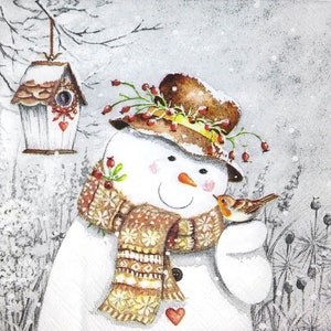 M407# 3 pezzi di tovaglioli di carta singoli per decoupage, fazzoletti artigianali, pupazzo di neve invernale con cappello e sciarpa uccello Natale