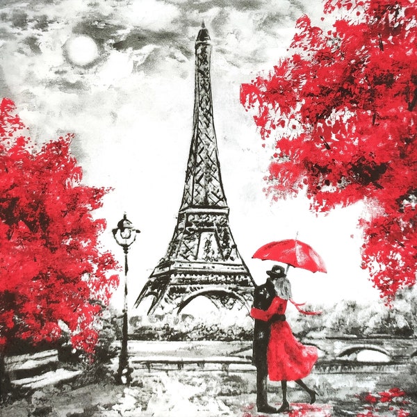 N485 #3 pièces de serviettes en papier pour découpage, paire de mouchoirs en papier artisanal rouge près de la tour Eiffel de Paris dans la nuit N485