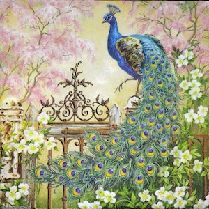 M212 # 3 Stück einzelne Papierservietten für Decoupage, Basteltücher, Royal Garden Pfauenvögel Auf Toren Rosa Weißen Blüten