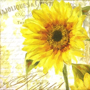 M222# 3 piezas de servilletas de papel individuales para decoupage, papel de seda para manualidades, flor de girasol amarilla sobre fondo crema con escritura gris