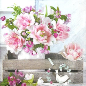 M312 # 3 Stück Einzelpapierservietten für Decoupage, Bastelgewebe Rosa Doppeltulpen Vase Bouquet, Frühlingsblüten Blumen
