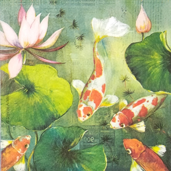 S261# 3 Pieces Of SMALL Single Paper Napkins for Decoupage, Craft Tissue, Green Pond Red White Carp Koi Fishes With Water Lilies