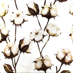 N832 # 3 Stück einzelne Papierservietten für Decoupage, Bastelgewebe, weiße Baumwollflausch Blumen Muster auf weißem Hintergrund