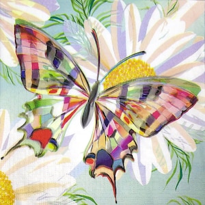 M484 # 3 Stück einzelne Papierservietten für Decoupage, Bastelgewebe, rosa lila Schmetterling weiße Gänseblümchen grüner Hintergrund Turnowsky