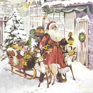 N068# 3 Pieces Of Single Paper Napkins for Decoupage, Craft Tissue, Christmas Santa Claus Visits Home Bringing Gifts Raindeer Deer