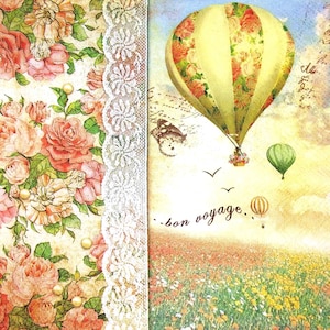 M221# 3 pezzi di tovaglioli di carta singoli per decoupage, veli artigianali mongolfiere con bordo in pizzo di fiori