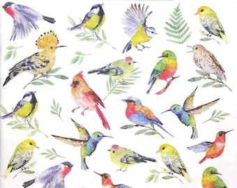 M717# 3 Pieces Of Single Paper Napkins for Decoupage, Craft Tissue, Spring Mini Birds Leaves Pattern